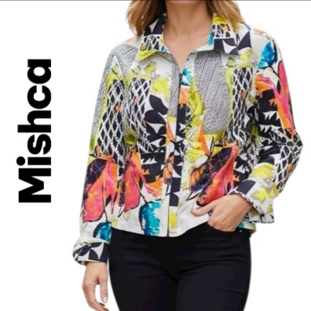 Mishca Womens Sz PL Abstract Print Full/Zip Blouse Top Jacket Art-To-Wear